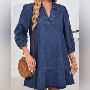 Dokotoo V Neck Collared Single Chest Pocket Long Sleeve Denim Dress Size Large
